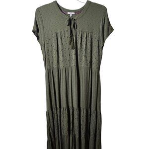 Kate & Same Olive Green Bohemian Tassel Tie Eyelet Hem Cottagecore Dress Size XL